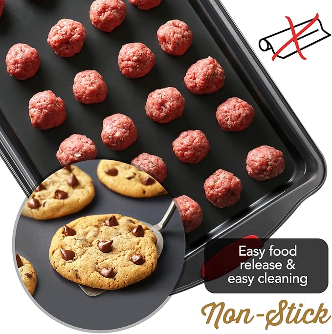 Baking Sheet Set, 2-Piece Large Cookie Sheet Set with Silicone Handles, Steel Baking Pan, Baking Sheets for Oven, BPA Free Nonstick Set, Half Sheet Pans, Black Baking Tray