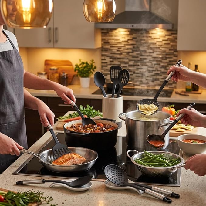 Farberware Classic Kitchen Tool Set, 5-Piece Nylon Cooking Utensils with Stainless Steel Handles for Nonstick Cookware - Kitchen Gadgets with Hanging Loops, Dishwasher Safe Useful Cooking Accessories