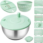 Stainless Steel Salad Spinner, 5.2 Qt Lettuce Spinner with Drain and 3-in-1 Mixing Bowl with 6 Blade Slicer, Multifunctional for Salad, Fruits