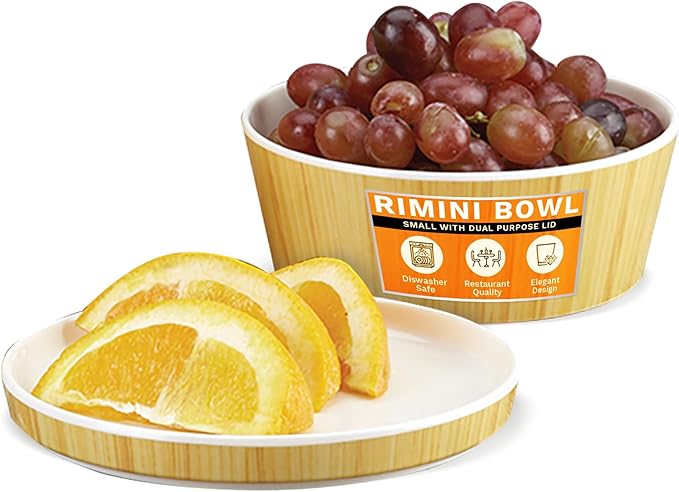IMPULSE! Rimini Small Bamboo Bowl with Plate Top Lid, Covered Melamine Bowl