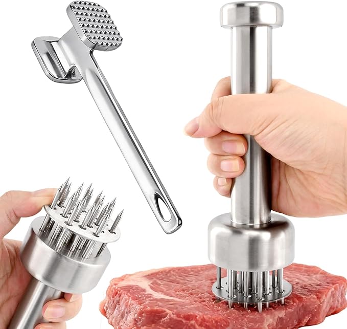2 Pcs Stainless Steel Meat Tenderizer Tools,Meat Hammer and Meat Tenderizer Needle Meats Piercing for Tenderizing Beef Turkey Chicken and Steak(COLOR:Silver)