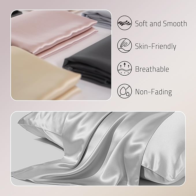 Mulberry Silk Pillowcase for Hair and Skin Prevent Acne Pillowcase Both Sides Real Silk Pillowcases Organic Silk Pillow case with Hidden Zipper, Silver Grey, Standard (20"×26")