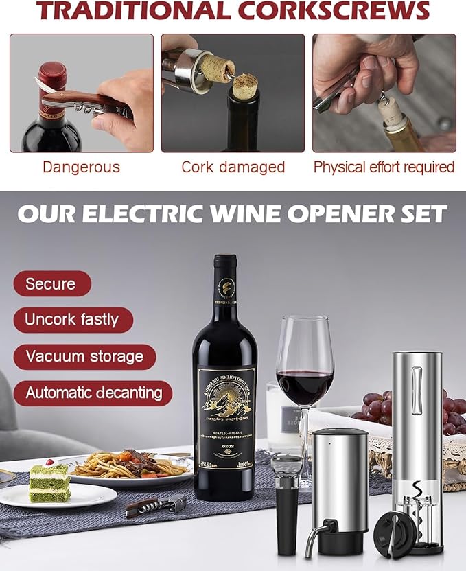 Electric Wine Opener Set, 4 in 1 Electric Wine Bottle Opener, Rechargeable Corkscrew Opener with Aerator, Foil Cutter, Vacuum Stopper, Ideal Present for Christmas, Wine Lovers, Party, Wedding