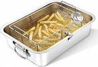 Teenyyou 10 Qt Stove Top Deep Fryer with Basket 304 Stainless Steel Deep Fryer Pan Chicken Frying Pot with Thermometer for Outdoor Kitchen Cooking French Fries Fish