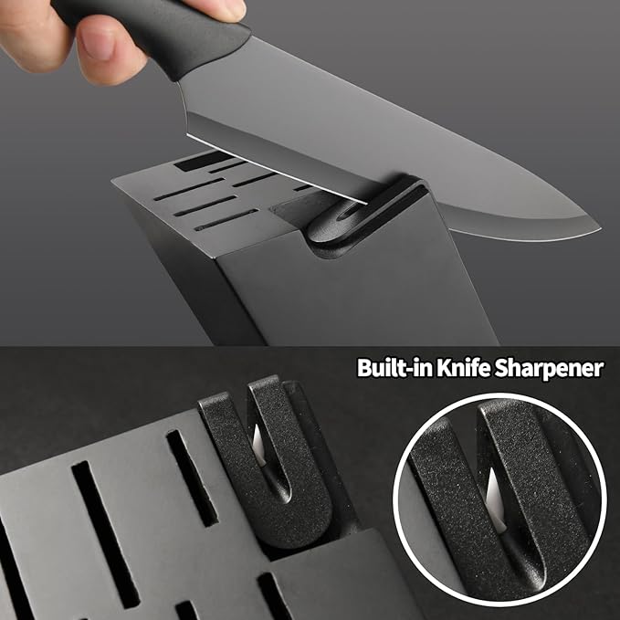 16 Pieces Kitchen Knife Block Set with Cutting Board, German Stainless Steel Knife Set with Sharpener, Dishwasher Safe, Anti-Slip Handle, 6 Steak Knives, Black