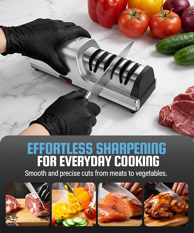 Electric Knife Sharpener for Kitchen Knives, Detachable Sharpening Head, 3-Stage Knife Sharpener Electric, 100% Diamond Abrasive, 15-Degree Precision Angle, Fast Sharpening, Polish (Silver)