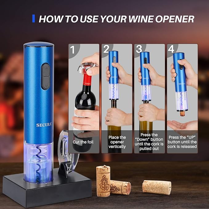 Secura Electric Wine Opener, Automatic Electric Wine Bottle Corkscrew Opener with Foil Cutter, Rechargeable (Blue)