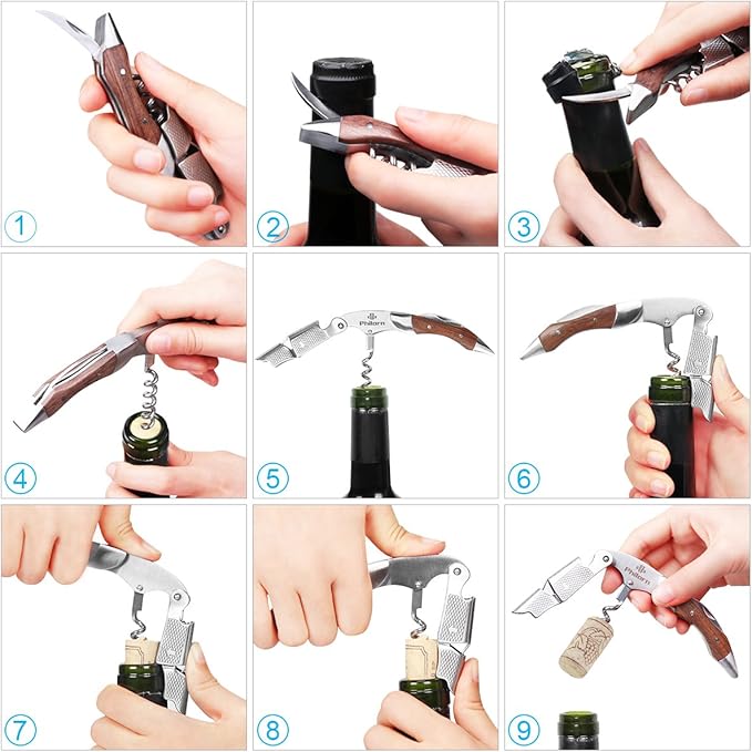 Philorn Wine Opener-Professional Corkscrew Wine Opener with Foil Cutter & Cap Remover, Manual Wine Key for Servers, Bartenders, Waiters & Home Use, Rosewood Handle Wine Bottle Opener (Pack of 2)