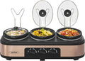 3 * 1.5 Quarts Triple Slow Cooker, Buffet Server & Warmer with 3 Removable Ceramic Pots, 3 Adjustable Temp Settings & 3 Metal Lid Rests, Stainless Steel, Copper