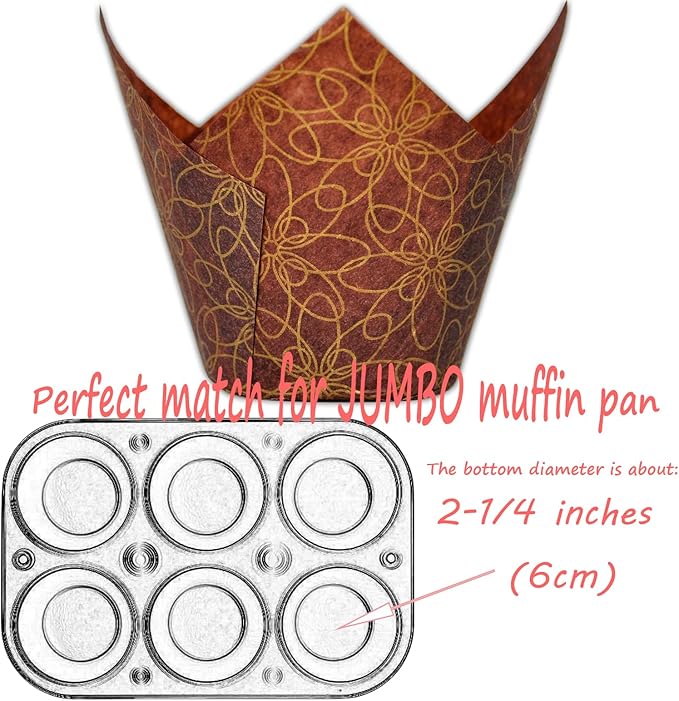 (JUMBO Large size) Brown Golden pattern Tulip Baking Cups 2-1/4"(Base diameter) x 3-3/4"(Wall height) Greaseproof paper Muffin liners, Case of 130 pcs