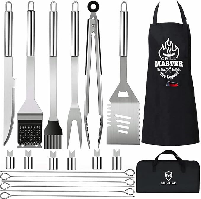 MUJUZE Grilling Accessories,Grill Utensils Set for Outdoor,Barbecue Tool Sets for Men,BBQ Accessories with Apron for Dad,Grill Tool Set,Grill Kit for Camping,Backyard