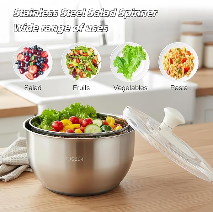 6L Stainless Steel Salad Spinner - Quick Spin Dryer for Vegetables, Lettuce, Fruit and Pasta, Commercial and Household Essential Kitchen Utensil