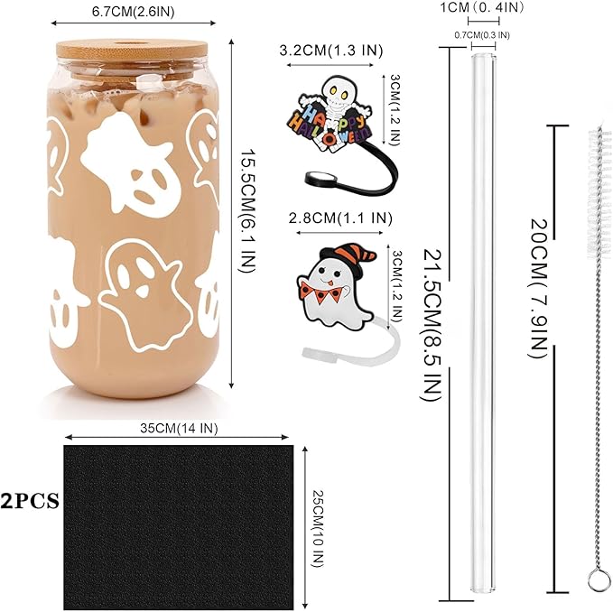 ANOTION Halloween Mugs - 18oz Halloween Ghost Decorations Glass Cups Tumbler for Iced Coffee, Glassware Cookie Jar Decor Gift Drinking Water Bottles