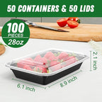 50 Pack (100-Piece) 28 oz Meal Prep Containers Reusable with Lids, Sturdy Leakproof & Food Safe, Microwave, Freezer, Dishwasher Safe Prep Containers, To Go Take Out Plastic Food Storage
