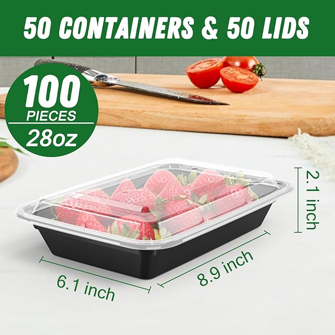 50 Pack (100-Piece) 28 oz Meal Prep Containers Reusable with Lids, Sturdy Leakproof & Food Safe, Microwave, Freezer, Dishwasher Safe Prep Containers, To Go Take Out Plastic Food Storage