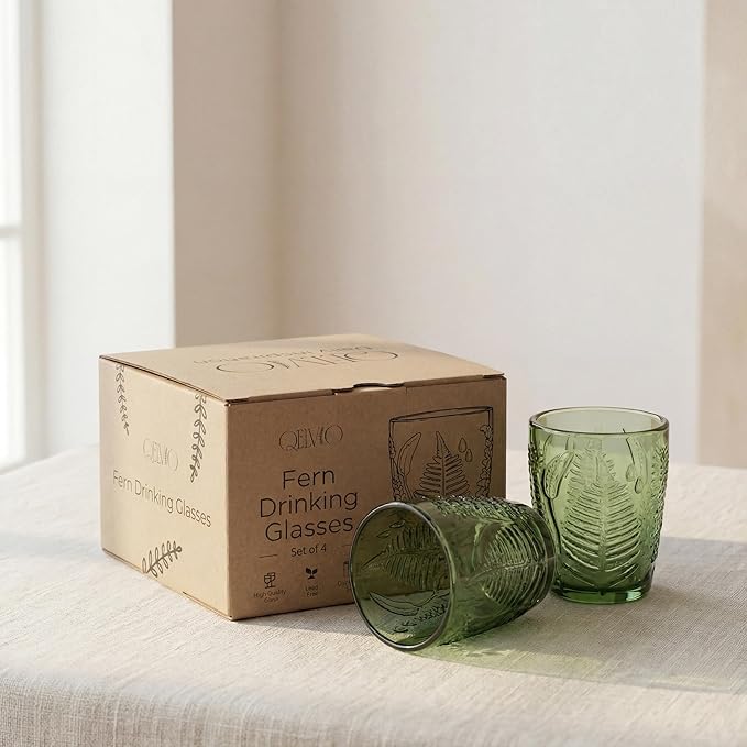 Vintage Green Drinking Glasses Set of 4, 10 oz Handcrafted Deep Textured Glass Cups, Fern Embossed Retro Glassware, Decorative Cocktail Tumblers for Home & Bar, Artisan Made Colored Drinkware Gift Set