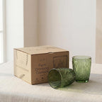 Vintage Green Drinking Glasses Set of 4, 10 oz Handcrafted Deep Textured Glass Cups, Fern Embossed Retro Glassware, Decorative Cocktail Tumblers for Home & Bar, Artisan Made Colored Drinkware Gift Set