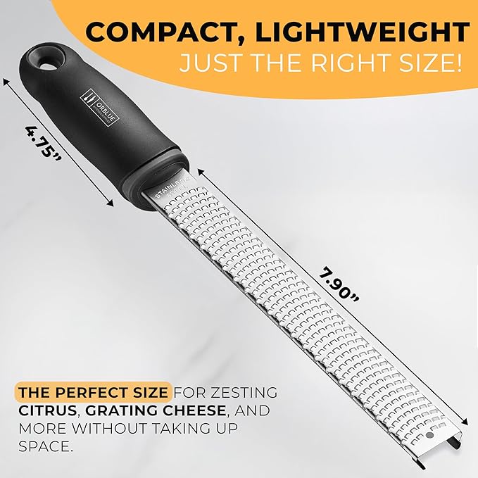 Orblue Lemon Zester & Cheese Grater - Premium Citrus Zester, Kitchen Grater for Parmesan, Chocolate, Fruits, Vegetables, Ginger, Garlic, Nutmeg - Stainless Steel Blades with Protective Cover, Black