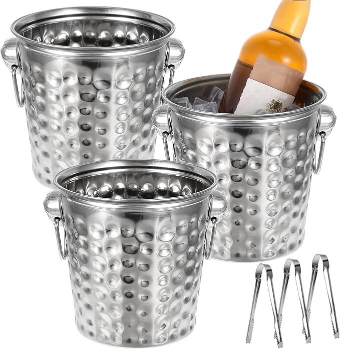 3 Pack Ice Buckets with Handles and Tongs, 3L Metal Beverage Tubs for Ice and Drinks, Wine and Champagne Chiller Buckets for Bar, Party, BBQ, Indoor Outdoor Use