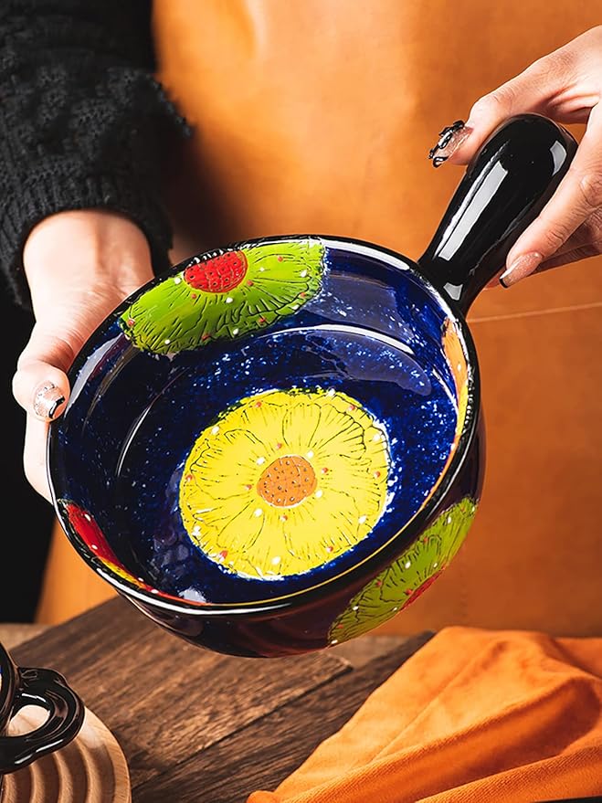 Vintage Style Pottery Bakeware Colorful Daisy Pattern Ceramic Casserole Dish Baking Pan Lasagna Pans Baking Dish with Handles from Oven to Table Plate-1 PCS, 20 OZ