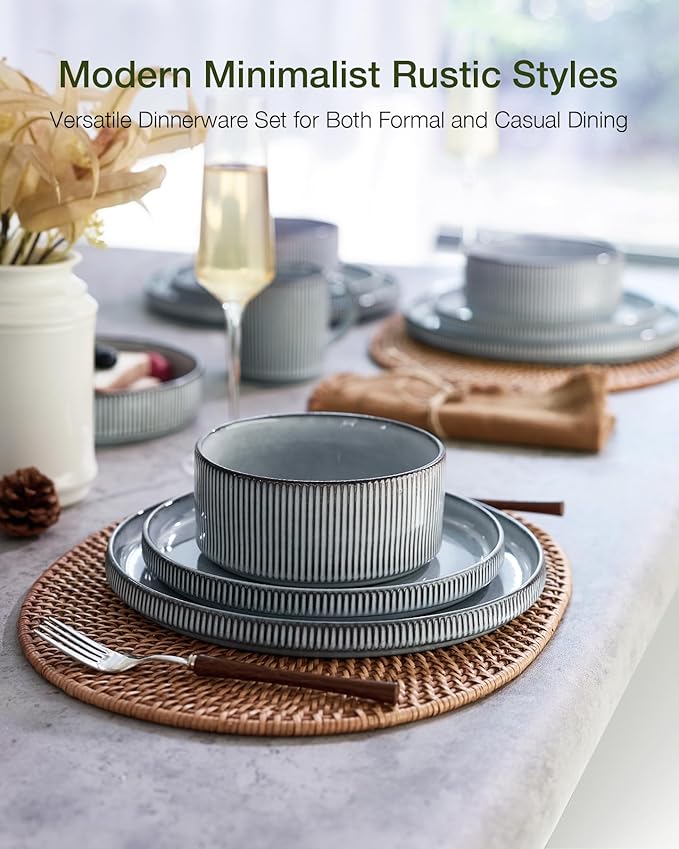 Famiware Star 16-Piece Stoneware Dinnerware Sets, Service for 4 - Shallow Pasta Bowls & Flat Plates, Modern Rustic Reactive Glaze Dishes, Chip/Scratch Resistant, Microwave/Dishwasher Safe, Smoky Blue