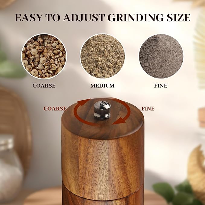 Acacia Wood Salt and Pepper Grinder Set with Base - Adjustable Ceramic Rotor Manual Pepper Mill and Salt Shaker - Refillable Wooden Spice Grinders for Kitchen Cooking, Farmhouse Decor & Gifts