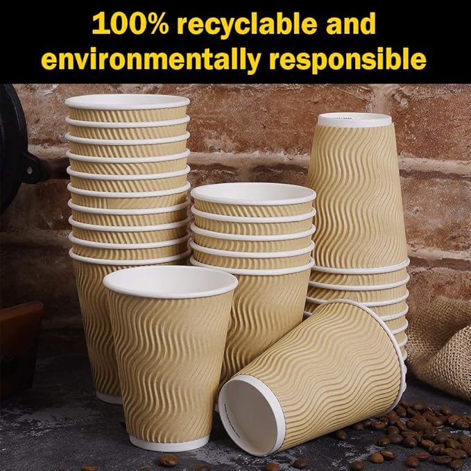 SPRINGPACK Disposable Paper Coffee Cups with Lids, 100 pack 12 oz Ripple Wall Insulated To Go Coffee Cups for Hot/Cold Beverage, Recyclable Takeaway Drinking Cups for Home Office Cafe Party