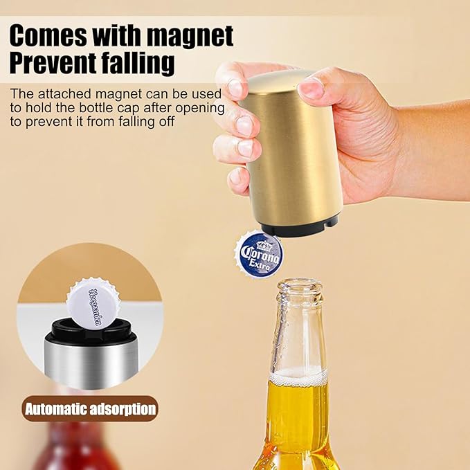 Automatic Beer Bottle Opener with Magnetic Cap, Stainless Steel One-Handed Lid Opening Spring Loaded Push&Pop Bottle Opener for Home Bars Picnic Camping Hiking（2PCS）