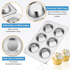 E-far Stainless Steel Muffin Pan, 6-Cup Cupcake Pan Tin for Baking, Metal Muffin Pan Tray Mold, Non-toxic & Healthy, Oven & Dishwasher Safe, Regular Size - 11.44 x 7.12 x 1.25 Inch