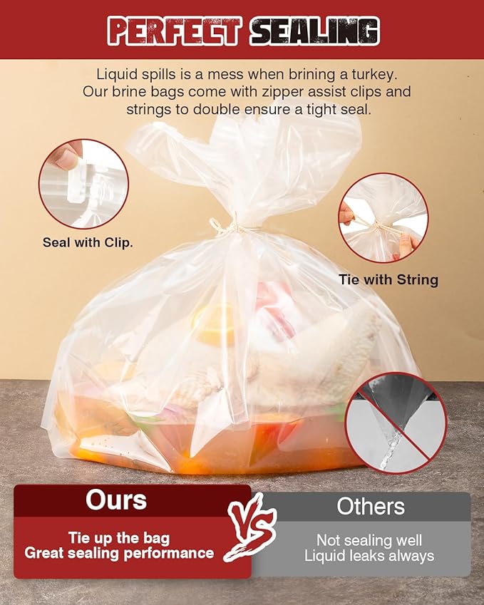 Turkey Brine Bag, 26"×22", 2 Pack, Extra Large Brining Bags for Thanksgiving Turkey, Chicken, Beef, Fish, Pork - Holds up to 35lbs, Double Zipper Heavy Duty Brine Bag with 2 Cotton Strings & Clips