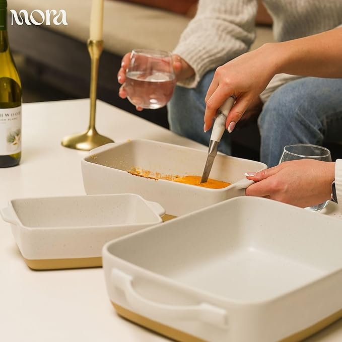 Mora Ceramic Baking Dish with Handles For Casserole, Lasagna, Gratin, Broiling, Roasting, and Baking. Large 9x13 in Pan, Extra Deep - Porcelain Serving Bakeware from Oven to Table. Freezer Safe - Oat