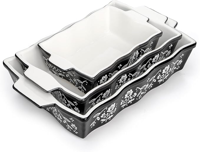 Bekith Casserole Dishes for Oven, Ceramic Baking Dishes with Handles, Ceramic Bakeware Set of 3, Rectangular Lasagna Pan Deep for Baking Cake Kitchen, Black (9"/12.3"/13.9")