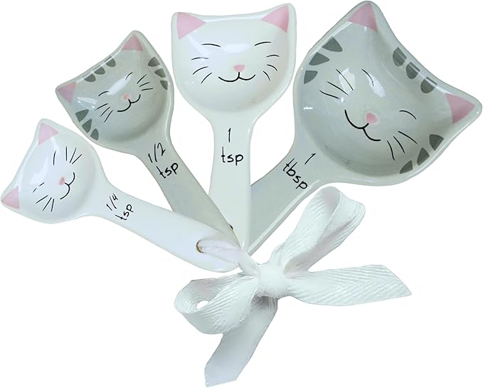 Cute Cat Measuring Spoons Set with Ribbon, Cute Cat Gifts for Women, Cat Themed Kitchen Accessories for Cat Baking Supplies, Ceramic Measuring Spoons for Cat Lover, Baking Gifts for Women (Set of 5)