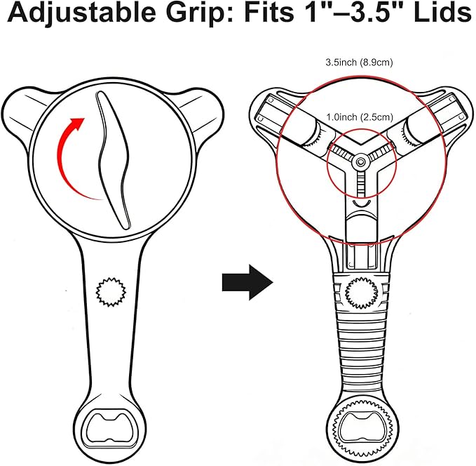 Jar Opener for Seniors, 4-in-1 Adjustable Lid Opener with Non-Slip Grip, Includes Magnetic Hook & Rubber Gripper, Suitable for Jars, Bottles and Beer Caps, Perfect for Arthritis and Weak Hands