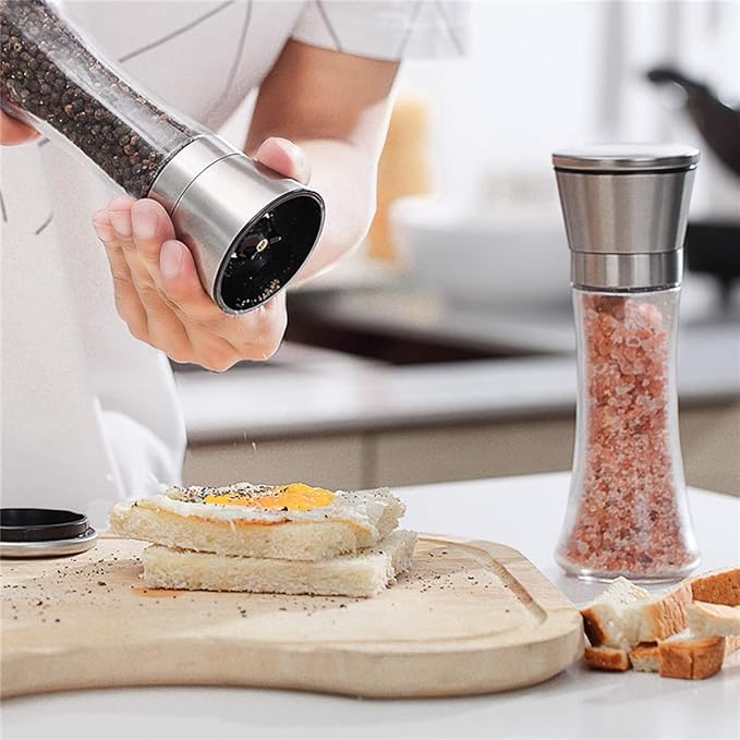 Elegant Pepper and Salt Grinder Set of 2, Best Spice Mill with Brushed Stainless Steel Cap, Ceramic Blades, Adjustable Coarseness, and Refillable Tall Glass Body with 6OZ Capacity (7.5").