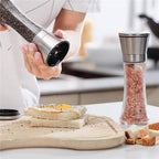 Elegant Pepper and Salt Grinder Set of 2, Best Spice Mill with Brushed Stainless Steel Cap, Ceramic Blades, Adjustable Coarseness, and Refillable Tall Glass Body with 6OZ Capacity (7.5").