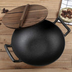 Cast Iron Wok Pan, No Chemical Flat Bottom Stir Fry Pan with 2 Handled and Wooden Lid for Electric, Induction & Gas Stoves-36cm in Diameter