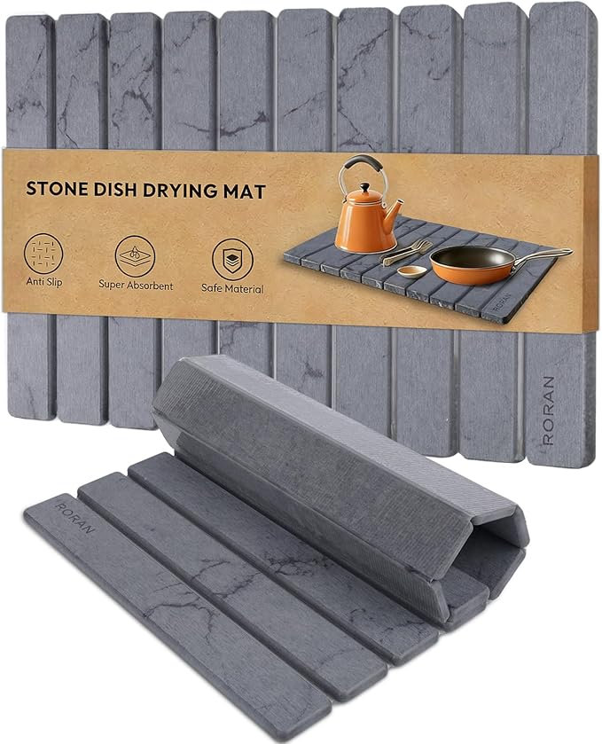 Stone Dish Drying Mat for Kitchen Counter, 24 x 16 inches, Fast Drying Collapsible Dish Drying Mat, Eco-Friendly Absorbent Diatomaceous Earth Mats for Dishes Bottles Cups (Dark Gray)