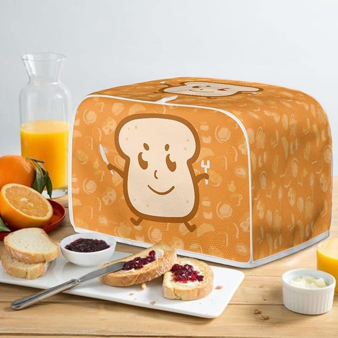 JEOCODY 4 Slice Toaster Cover With Cute Butter Bread Print - Quilted Fabric Dust-Proof and Fingerprint Protection for Kitchen Small Appliance