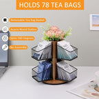 HTB Carousel Tea Bag Organizer for Counter, 2 Tier Tea Bag Holder with 6 Removable Tea Baskets and Acacia Wood Station, Tea Organizers and Storage for Cabinet, Countertop
