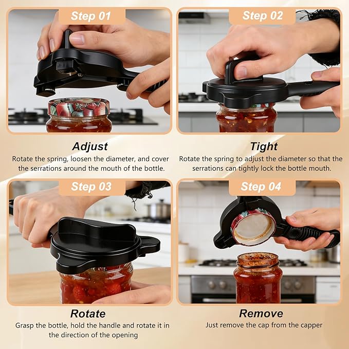 4 in 1 Multi-Purpose Jar Opener,Adjustable Stainless Steel Jar Opener,Multi-Functional Retractable Jar & Bottle Openers,Multi Size Lid Tool for Jars Cans Wine Bottles,Home Kitchen Helper(Black)
