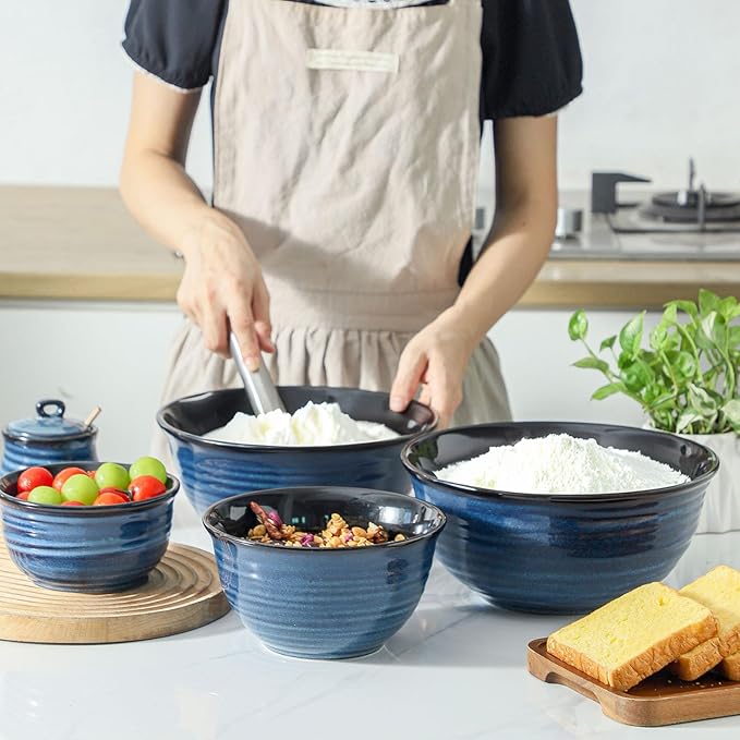 Hasense Mixing Bowls Set, Porcelain Large Salad Bowls for Cooking, Baking, Prepping, Serving, Blue Nesting Dishes for Housewarming Gift, Microwave Dishwasher Safe, 2.8/2.1/1.0/0.5 Qt