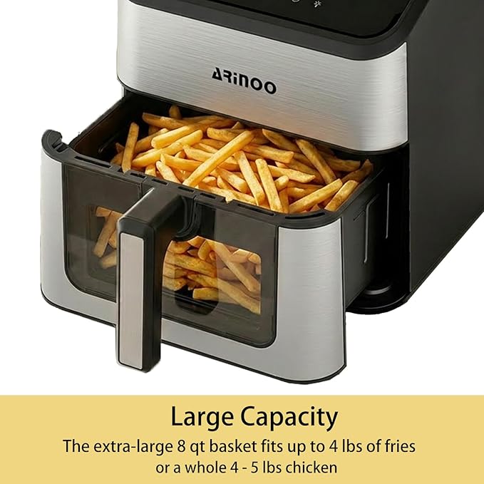 8 Qt Air Fryer Pro, 8-In-1 Air Fryer with Viewing Window, 360° Crispy, 80% Less Oil, Quiet, Nonstick Dishwasher-Safe Basket, 1500W, Recipe Book, Black