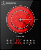 Dual Heating Coil Design of Single Burner Electric Cooktop, 1800W Ceramic Infrared Cooking Hot Plate, Portable Countertop or Built-in Radiant Stove Top Cooker with Wattage and Temperature Control