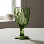 Green Stemmed Goblet, Hand-Pressed Fern Embossed Textured Glass for Water, Cocktails & Wine, Retro Boho Colored Stemware, Decorative Bar Drinkware for Kitchen Dining Table, Unique Botanical Style Gift