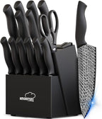 Knife Set, Amorston 15 Pieces Kitchen Knife Set with Built in Knife Sharpener, High Carbon German Stainless Steel Knife Block Set, Black Dishwasher Safe Knives Set, Valentine's Gift