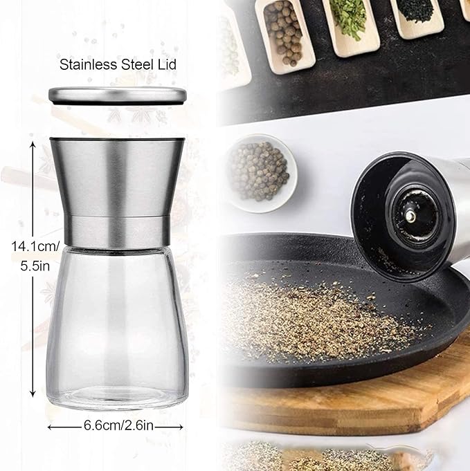 LessMo Salt and Pepper Grinder Set with Wooden Standing Tray, Refillable Pepper Mill Set - Brushed Stainless Steel - Short Glass Shakers with Adjustable Coarseness for Peppercorn, Salt or Spice Mills