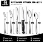 49-Piece Hammered Silverware Set with Organizer, Food-Grade Stainless Steel Flatware for 8, Cutlery Utensil Sets with Steak Knives, Rust-proof, Mirror Polished, Dishwasher Safe, Round Hammered
