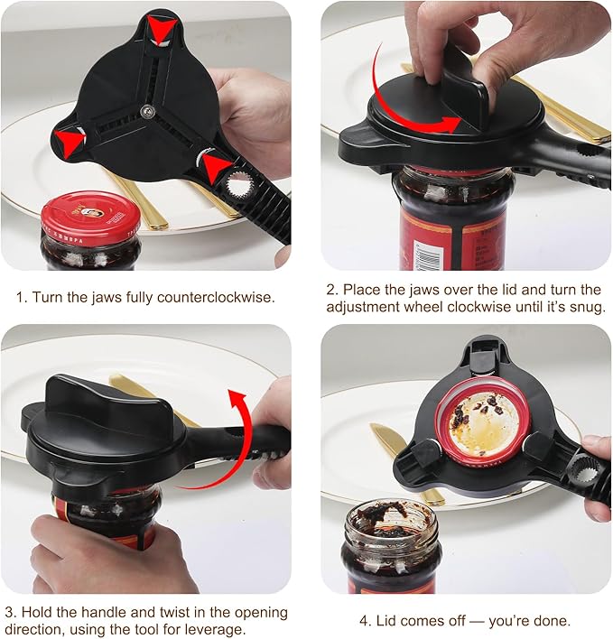Jar Opener for Seniors, 4-in-1 Adjustable Lid Opener with Non-Slip Grip, Includes Magnetic Hook & Rubber Gripper, Suitable for Jars, Bottles and Beer Caps, Perfect for Arthritis and Weak Hands