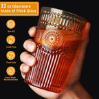 Loivttvv 6pcs Vintage Drinking Glasses Set, 12 oz Amber Highball Glasses, Embossed Ribbed Glassware Cups for Thanksgiving Cocktail, Juice, Whiskey